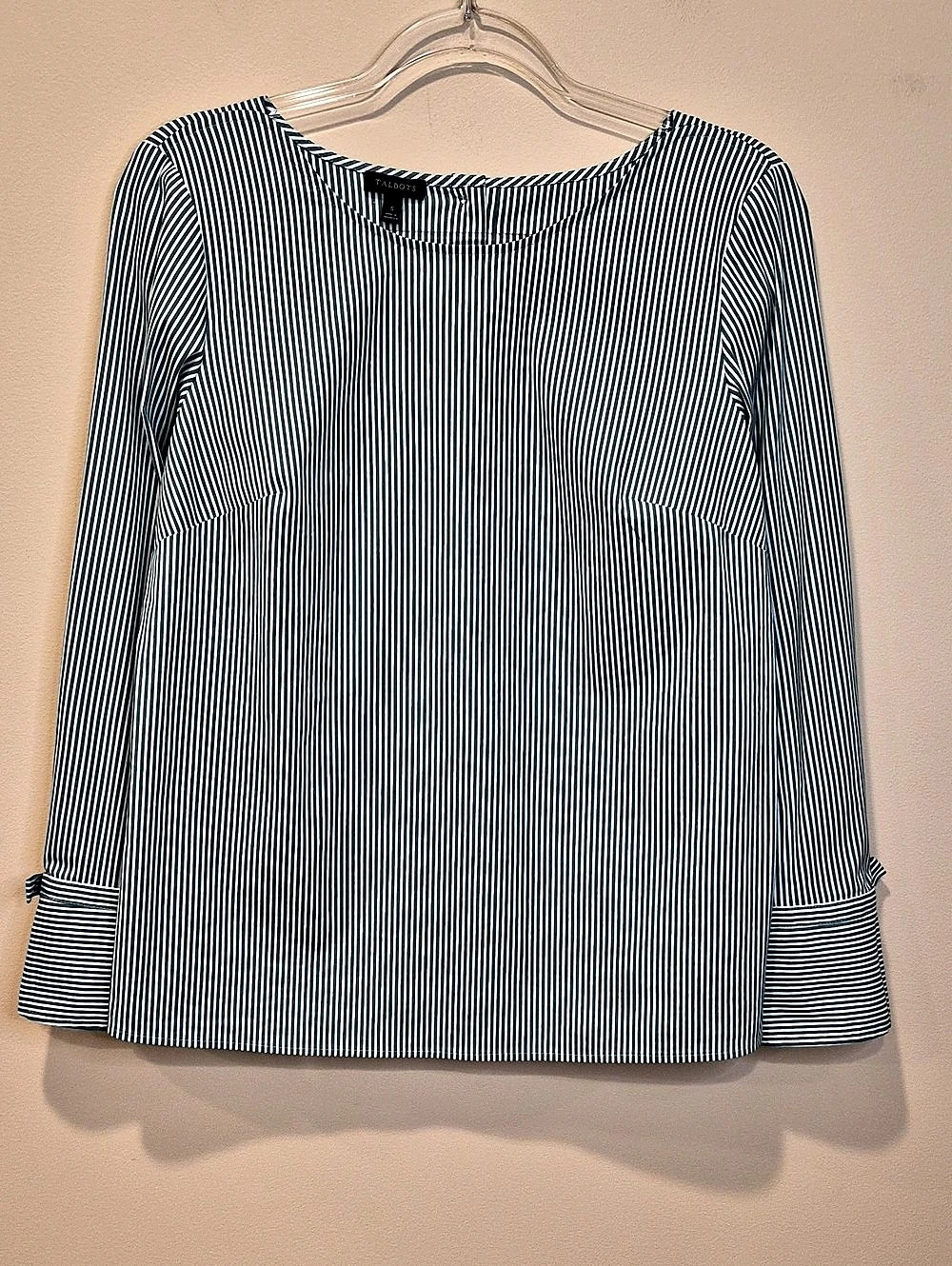 Talbots Cotton Blend Striped Tie Cuff Blouse in Green & White Size Small